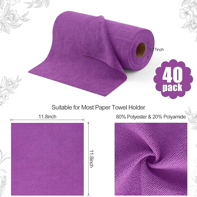 Homaxy Tear Away Dish Cloths Rolls, 40 Sheets-11.8" X 11.8", Reusable Washable Dish Towels for Kitchen, Ultra Absorbent and Quick Drying Microfiber Cleaning Rags, Purple