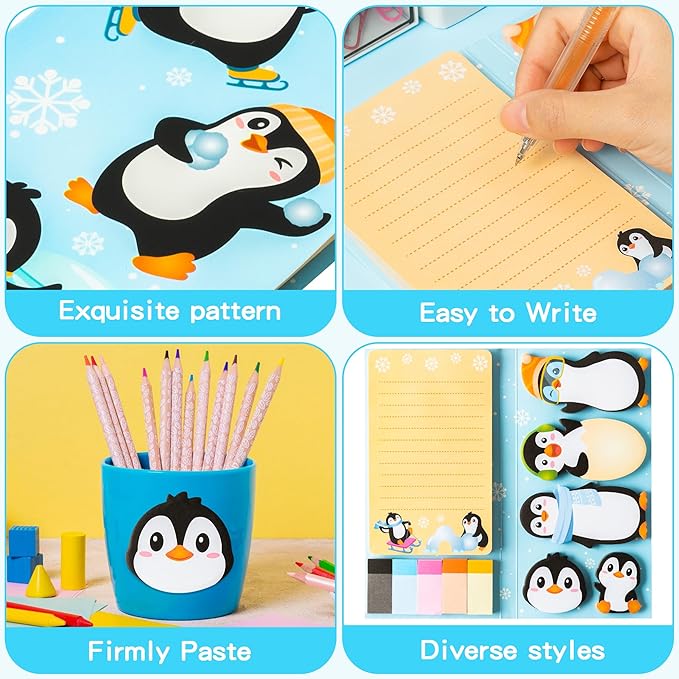 B1ykin Cute Sticky Notes Set - Winter Snowflake Penguin Shaped Self-Stick Notes Pad, 550 Sheets Writing Memo Pages Sticky Notepad for Teacher Appreciation Gifts, School Office Supplies (Penguin)