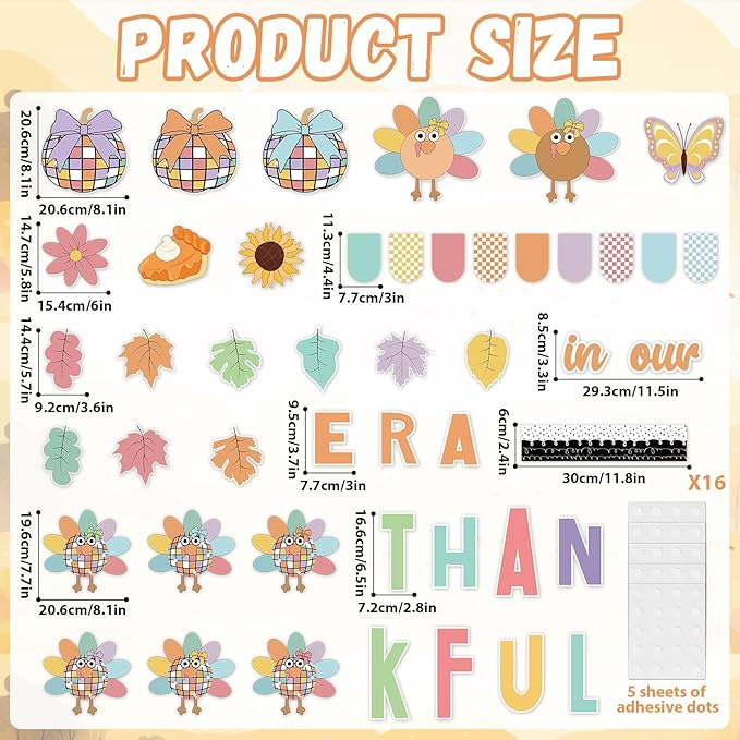 Fall Thanksgiving Turkey Bulletin Board for Classroom Decoration in Our Thankful Era Theme Bulletin Board Set Autumn Turkey Pumpkin Leaves Cutouts Fall Thanksgiving DIY Photo for Chalkboard Wall Decor