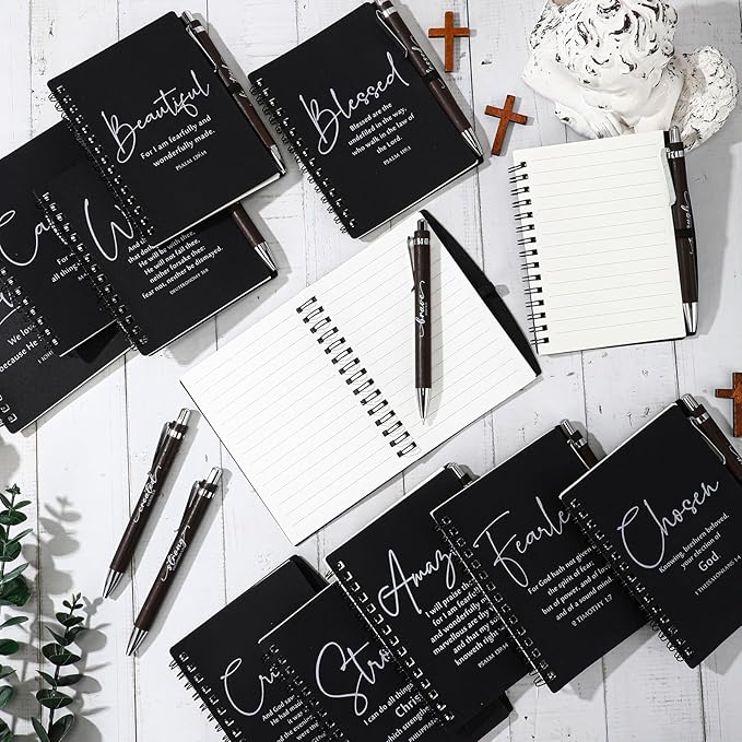 Kosiz 24 Sets Christian Gifts Bulk Inspirational Bible Verse Spiral Notebook and Religious Bamboo Ballpoint Pen Journal with Scripture for Easter Church Member First Communion Teacher Holy Week (Black)