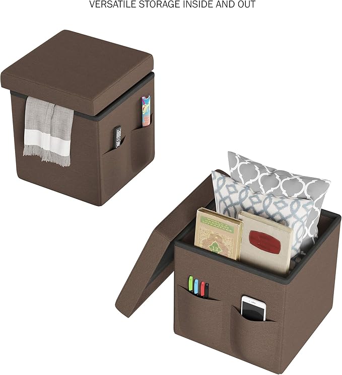 Set of 2 Ottomans with Storage Pockets - 15-Inch Folding Foot Rests or Storage Organizers for Bedroom, Living Room, or Dorm by Lavish Home (Brown)
