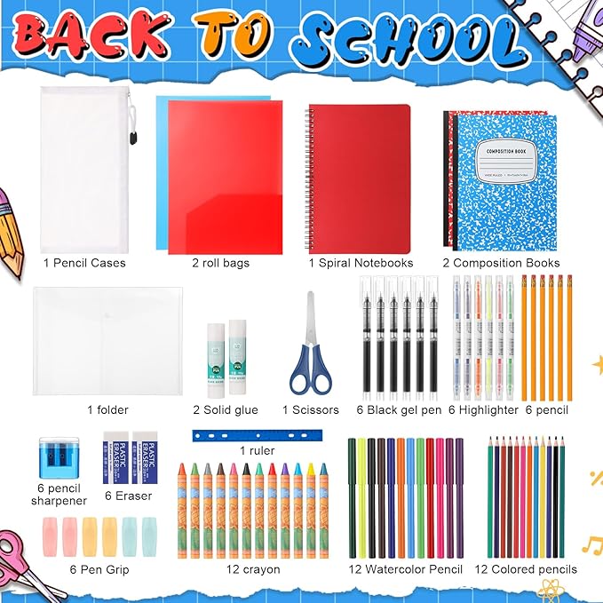 1 Set 2026 School Supplies Kit, 47 Pcs Per Set Back to School Supplies Primary Middle College Bundle Essential Stuff Bulk Pen Notebook Stationery for Kid Student Girl Teen Classroom Boy