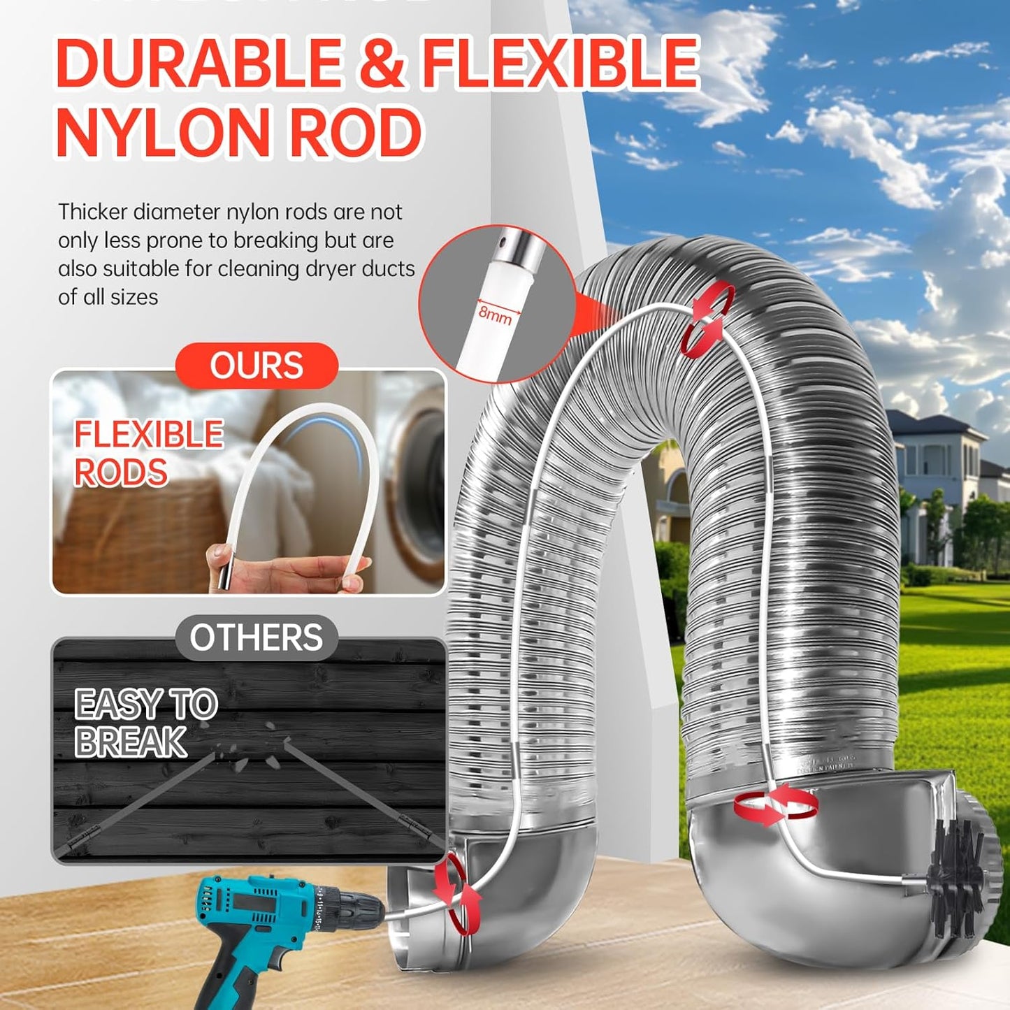 Dryer Vent Cleaner Kit, Bluesea 33-Piece Omnidirectional Dryer Cleaning Kit Include 50 Feet Dryer Vent Brush, Upgrade Noiseless Dryer Lint Vacuum Attachment, Lint Trap Brush, Vacuum & Dryer Adapters