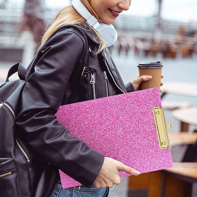 Piasoenc Acrylic Clipboards, Fashion Glitter Clip Board with Low Profile Gold Clip, Designed for Classroom School and Office Use, A4 Letter Size 9 x 12.5 in,Warm Pink