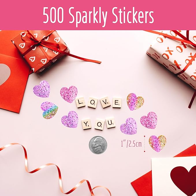 500 Glitter Heart Stickers, Pink Metallic Sparkling, Waterproof Self Adhesive Reflective Heart Stickers for Wedding, Valentine's Day Supplies (Each Measures 1')