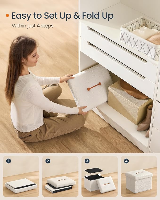 SONGMICS Small Folding Storage Ottoman, Foot Rest Stool, 12.2 x 16.1 x 12.2 Inches, Ottoman with Storage, Load up to 286 lb, for Living Room, Bedroom, Dorm, Cream White ULSF094W01