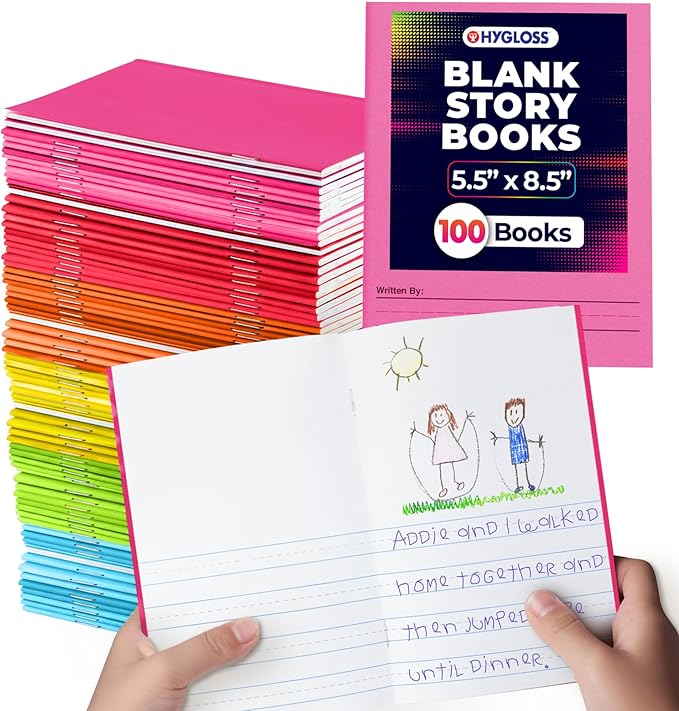 Hygloss Half Blank Books for Kids to Write Stories and Illustrate – Bulk 100 Pack – 5.5" x 8.5" A5 – Small Primary Journal for Grades K-2, Preschool/Kindergarten Notebook with Picture Space – 24 Pages
