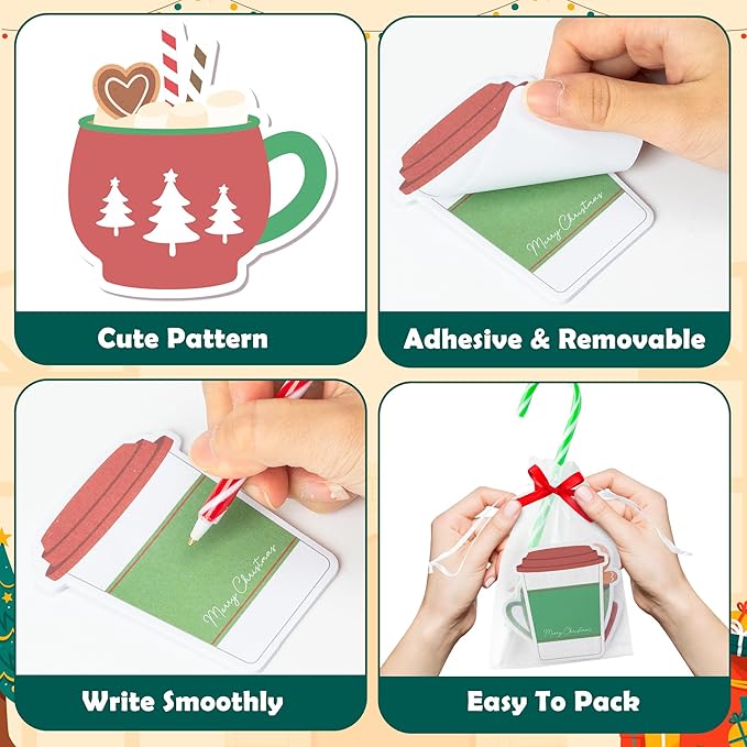 Xqumoi Christmas Coffee Cup Sticky Notes with Pen Gift Set - 24 Set Xmas Tree Self Sticky Writing Memo Pads Ballpoint Pens with Mesh Bag Party Favors School Classroom Rewards Office Suppliess