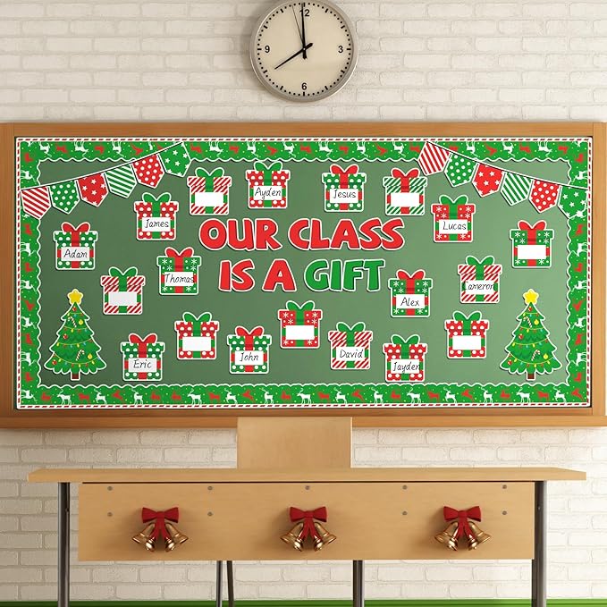Christmas Bulletin Board Decoration Set Xmas Gift Boxes Borders Cutouts for Party School Classroom Door Welcome Bulletin Board Craft Home Wall (Our Class is a Gift)