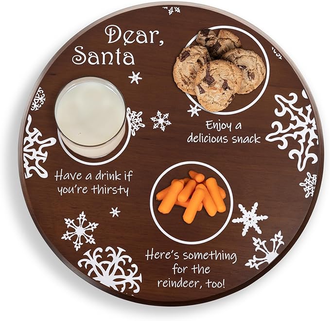 Picnic TIME Dear Santa Cookie and Milk Plate, Wooden Serving Tray, Christmas Appetizer Tray, Holiday Charcuterie Board, (Stained Parawood)
