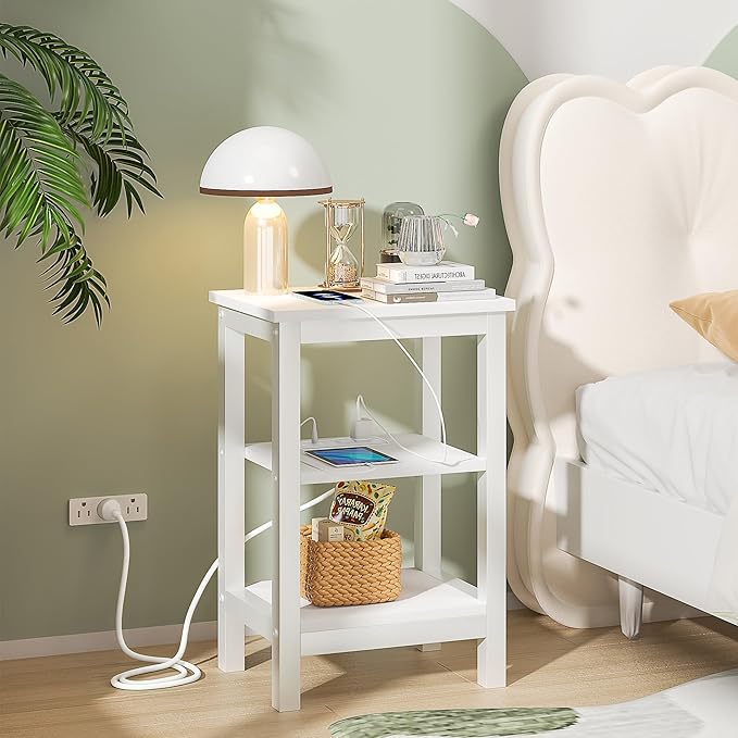VECELO Modern Nightstands with Charging Station,Side End Table Night Stand with Storage Shelf for Small Spaces, Bedroom,Living Room