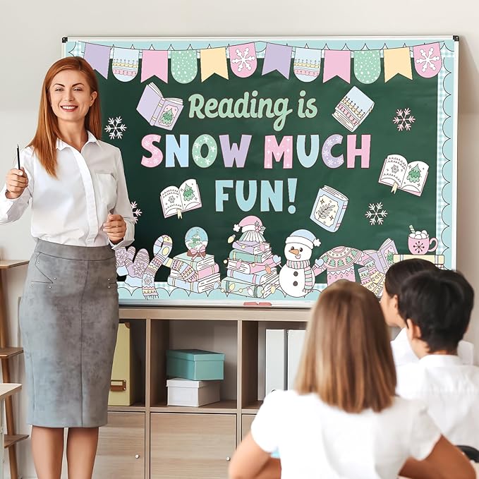 Winter Bulletin Board Set Pastel Winter Reading Classroom Decoration Kit Snowman Snowflake Sweater Christmas Tree Cutouts for Holiday Xmas School Classroom Chalkbaord Home Office Decor Supplies