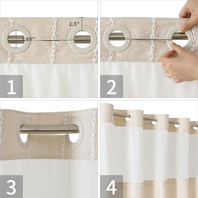 No Hook Stall Shower Curtain with Snap-in Fabric Liner - 54x80 Heavy-Duty Linen Textured Striped Design,Narrow Rustic Modern Farmhouse Bohemian Bathroom Curtain,Water-Repellent,Cream/Beige