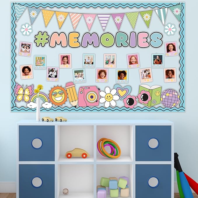 Groovy End of Year Bulletin Board for Classroom Decoration 2026 Graduation Memories Boho Retro Hippie Bulletin Board Set Rainbow Cutouts Daisy Diy Photo Picture Frame for Chalkboard Wall Teacher