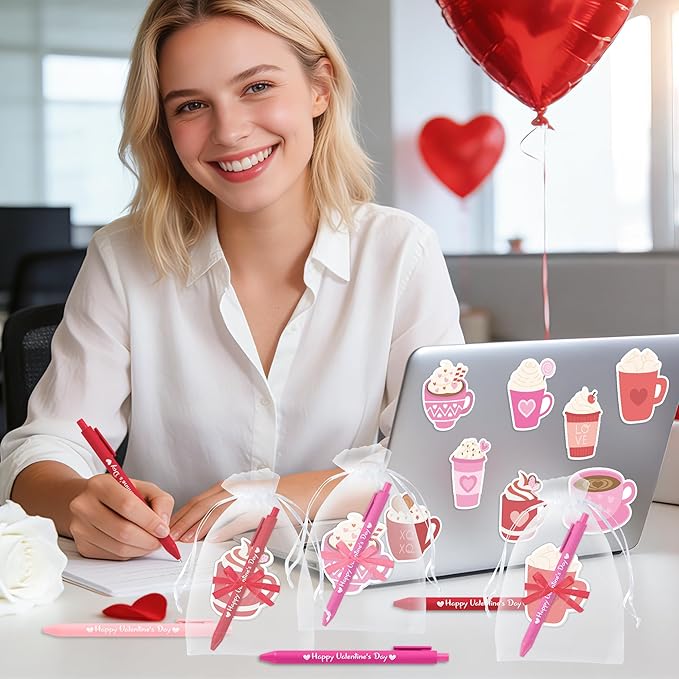 Xqumoi Valentine’s Day Coffee Cup Sticky Notes with Pen Gift Set - 24 Set Heart Self Sticky Writing Memo Pads Ballpoint Pens with Mesh Bag Party Favors Wedding School Classroom Rewards Office Supplies