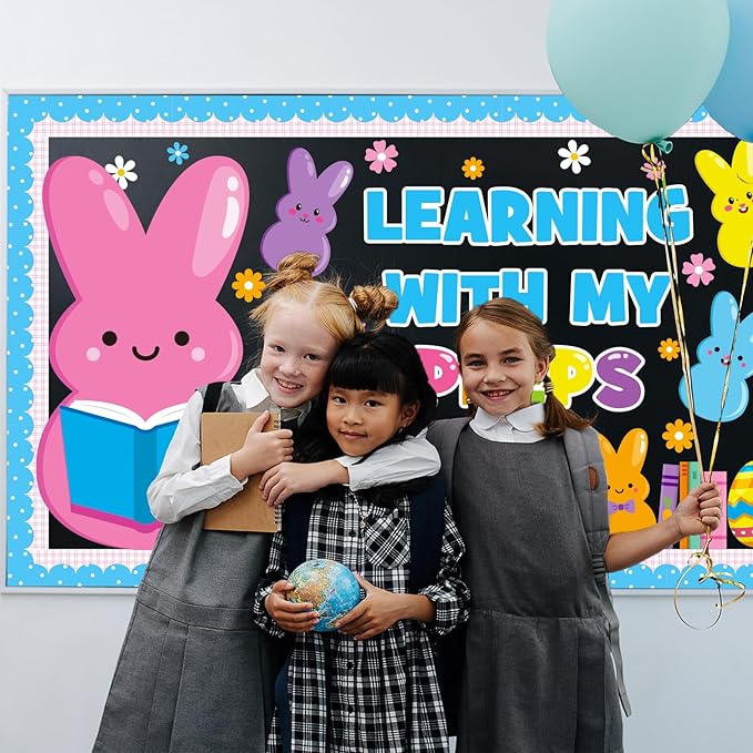 Easter Learning Bulletin Board Decoration Set, Spring Peeps Classroom Decorations Easter Bunny Eggs Book Rainbow Cutouts March April Library School Home Nursery Wall Window Door Decor for Teacher