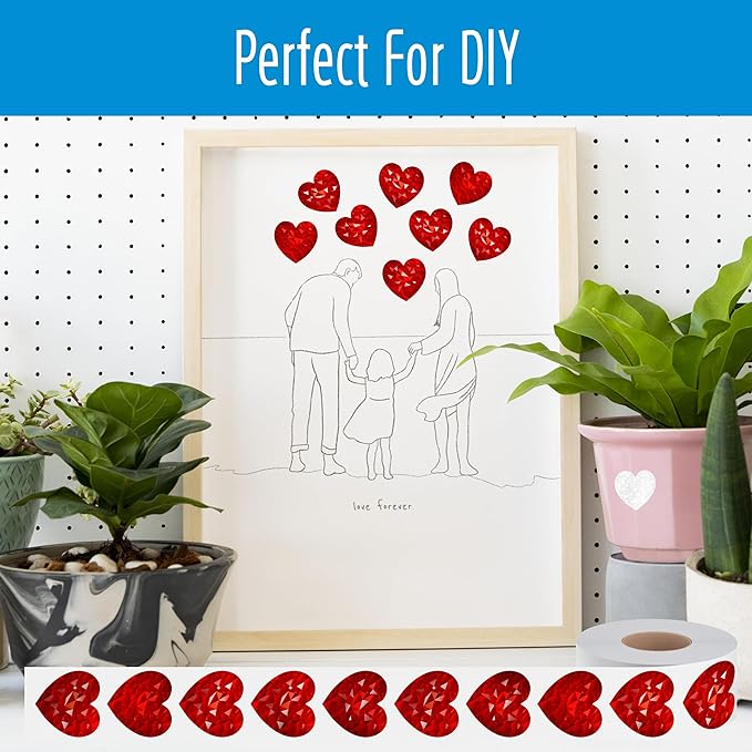500 PCS Holographic Red Heart Stickers, Sparkly Metallic Heart Sticker Self Adhesive Waterproof Reflective Heart Stickers Love Decorative Labels for Wedding, Valentine’s Day Supplies (1”, Red)