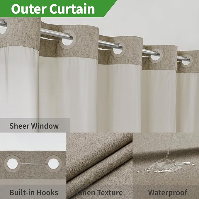 Extra Long No Hooks Needed Linen Textured Shower Curtain with Snap-in Fabric Liner Set,Hotel Luxury Decor Shower Curtains for Bathroom,Waterproof & Washable,71Wx86H,Khaki/Tan