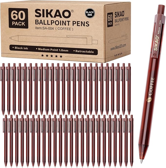 Coffee Ballpoint Pens Bulk, 60 Pack Click Pens Smooth Writing 1.0mm Black Ink, Coffee-Brown Barrel with Gold “COFFEE” Print for Office, School, Café Use or Severs