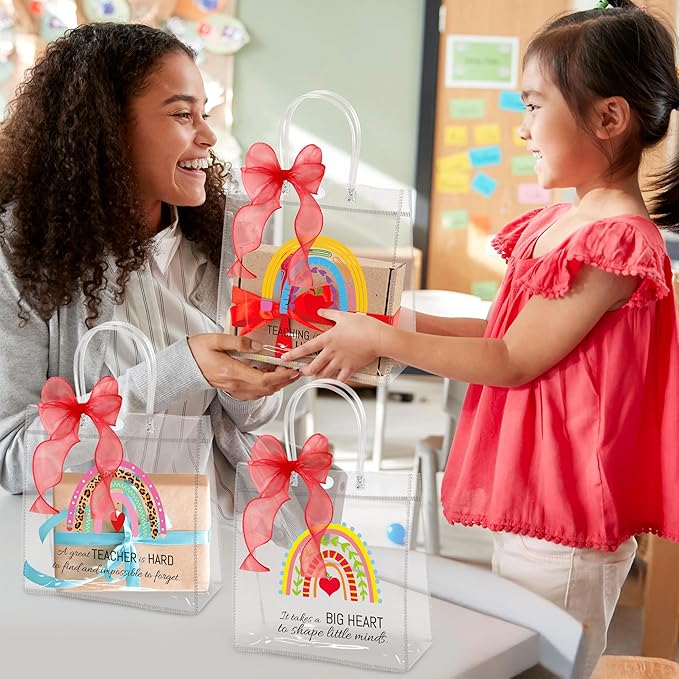 H1vojoxo Teacher's Day Gift Bags - 24PCS Teacher Appreciation Gift Clear Bags with Red DIY Ribbon 7.87x3.2x7.87 Inch Clear PVC Tote Bag with Handles Reusable PVC Thank You Gift Wrap Bag for Teachers