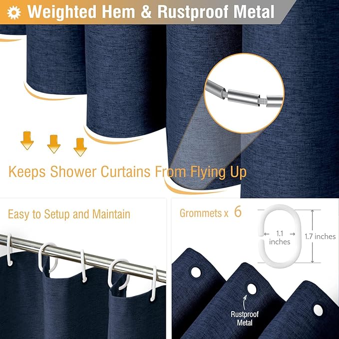 BTTN Stall Fabric Shower Curtain - 36x72 Inch Narrow Linen Textured Heavy Duty Shower Curtain Set with 6 Plastic Hooks, Hotel Spa Luxury Half Waterproof Neutral Bath Curtains for Bathroom - Navy Blue