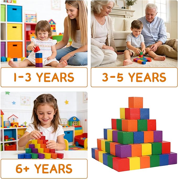 108 Pack 1 Inch Wooden Blocks, 6 Colors STEM Math Sorting Toys, Wood Building & Stacking Blocks for Toddlers, Classroom Learning Wooden Cube Blocks, Creative Play & DIY Craft for Kids Ages 3+