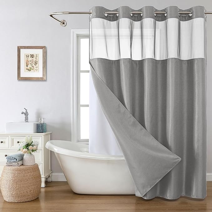 Grey No Hook Shower Curtain with Snap-in Fabric Liner Set,Waffle Weave Shower Curtains for Bathroom,Hotel Luxury Decor Bathroom Curtain Set,Waterproof & Washable,71Wx77H