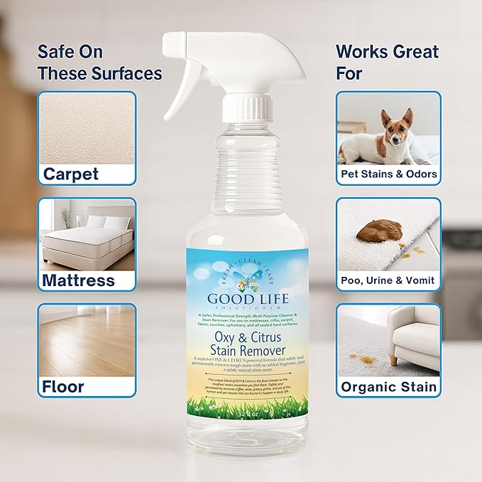 Oxy Citrus Stain Remover and All-Purpose Cleaner - Plant-based Multi-Purpose Cleaning Spray, Perfect for Mattress, Carpet, Floors, Restrooms, Kitchen, Countertops, and More - 32 oz