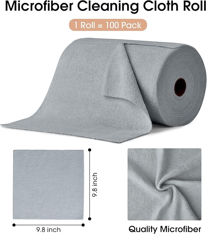 KitchLife Microfiber Cleaning Cloth Roll, 100 Pack - Tear-Away Microfiber Paper Towels, Lint-Free, Reusable, Washable for Kitchen, Car, Dishes, and Sensitive Surfaces (Dark Gray)