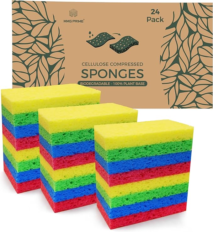 Cellulose Sponges – 24-Pack Multicolored Compressed Natural for Kitchen – Plant-Based, Biodegradable, Non-Scratch, Quick-Dry, Super-Absorbent for Dishes & Surfaces