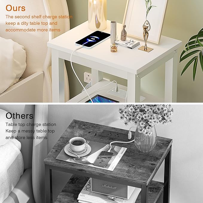 VECELO Modern Nightstands with Charging Station,Side End Table Night Stand with Storage Shelf for Small Spaces, Bedroom,Living Room