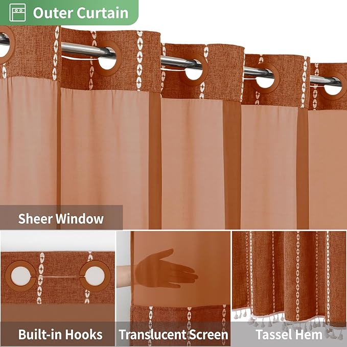 No Hook Extra Long Shower Curtain Set with Snap-in Liner,Linen Textured Thick Striped Fabric with Tassels,Boho Chic Modern Farmhouse Bathroom Curtain,Water-Repellent,Orange,71x86