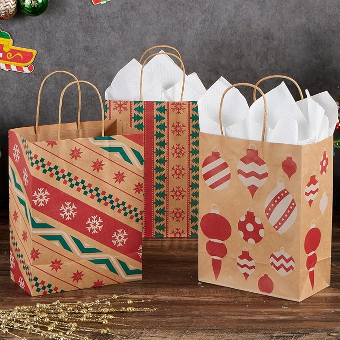 JOYIN 24 Christmas Kraft Gift Bags for Classrooms and Party Favors, Holiday Goody Gift Bags for Xmas Present Wrapping, Christmas Decorations, Party Supplies Decor (10.2" x 4.2" x 6.3 ")