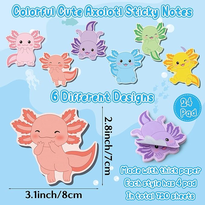 Bright Color Sticky Notes - 72pcs Cute Axolotl Super Sticky Notes Pens Ribbons Set Favorite Sticking Power Office Products School Supplies Clean Removal Memo Pads Index Tabs Strong Adhesive