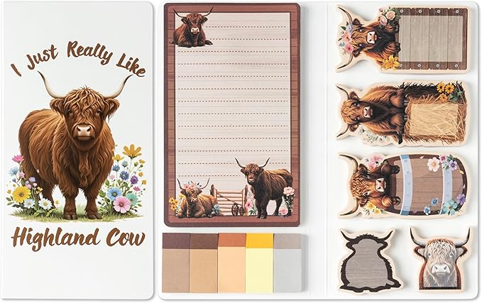 B1ykin Cute Sticky Notes Set - I Just Really Like Highland Cow Self-Stick Notes Pad, 550 Sheets Writing Memo Pages Sticky Notepad for Teacher Appreciation Gift, School Party Supplies (Wildflower Cow)