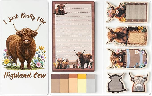 B1ykin Cute Sticky Notes Set - I Just Really Like Highland Cow Self-Stick Notes Pad, 550 Sheets Writing Memo Pages Sticky Notepad for Teacher Appreciation Gift, School Party Supplies (Wildflower Cow)