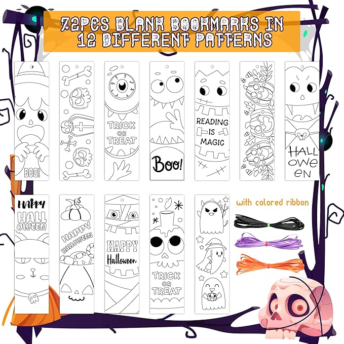 75Pcs Halloween Color Your Own Bookmarks, Kids DIY Coloring Blank Bookmarks Halloween Party Game Prize Art Craft Supplies for Teachers Students Fillers Classroom Reading Club Rewards Book Decor