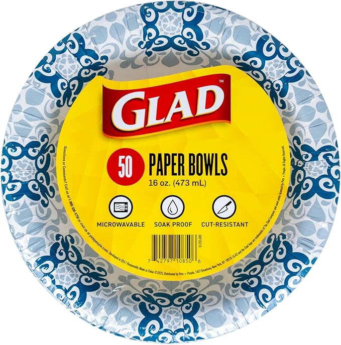 Glad Round Disposable Paper Bowls, Green Victorian Design - Heavy Duty, Soak Proof, Cut-Resistant, Microwavable Bowl for All Foods & Daily Use, 16 Oz, 50 Count