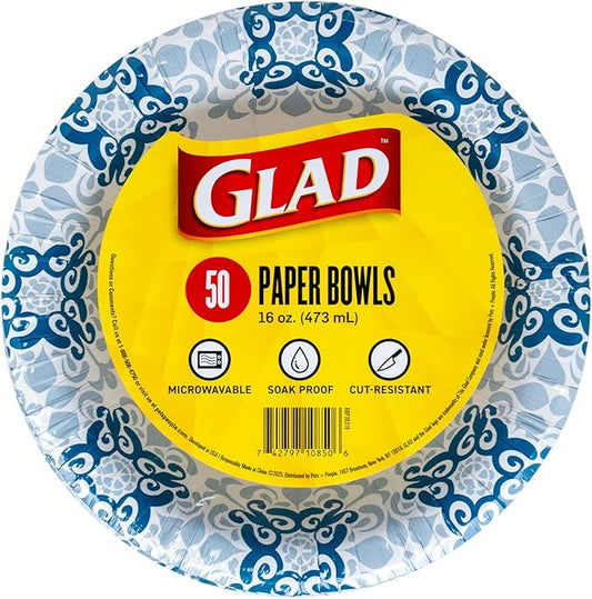 Glad Round Disposable Paper Bowls, Green Victorian Design - Heavy Duty, Soak Proof, Cut-Resistant, Microwavable Bowl for All Foods & Daily Use, 16 Oz, 50 Count