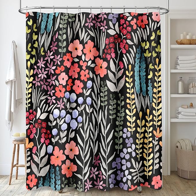 Colorful Floral Shower Curtain 60x72, Cute Boho Flower Fabric Shower Curtain, Funky Watercolor Wildflower Shower Curtain Set, Cottagecore Bohemian Bathroom Decor, Black