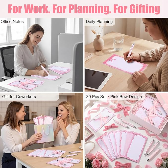 Tellingyou 30 Pcs Pink Bow Sticky Notes with Pens, Cute Memo Pads with Ribbons, 3.9x7.8 Inch to Do List Notepad Set, Bulk Pink Stationery Gifts for Women Coworker Office Supplies Bridal Shower Favors