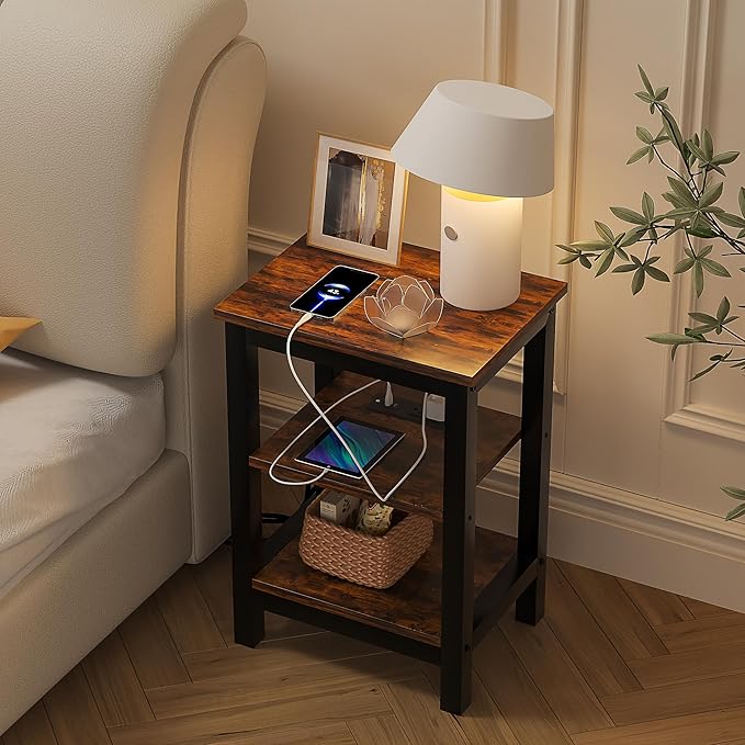 VECELO Modern Nightstands with Charging Station,Side End Table Night Stand with Storage Shelf for Small Spaces, Bedroom,Living Room