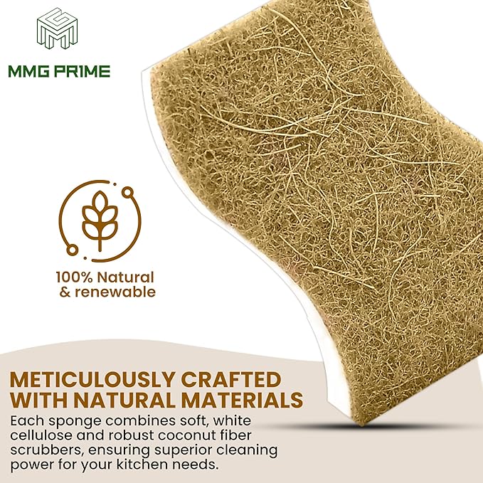 Natural Kitchen Sponge –24-Pack Biodegradable Sponges for Dishes –Compostable Dish Washing Scrubbers – Eco Friendly Non-Scratch Cellulose & Coconut Husk Scrubber Sponges for Cleaning