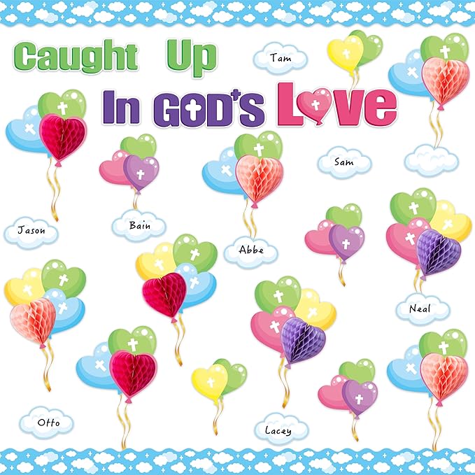 BeYumi 84Pcs Valentine's day Caught Up In God’s Love Christian Bulletin Board Set Heart Balloon Cross Honeycomb Name Tag Trim Border February Faith Religious Sunday School Chalkboard Church Decoration