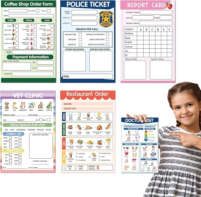 Eaasty 6 Pcs Kids Pretend Play Notepads for Kids Pretend Play Imaginative Role Playtime Bundle Include Doctor Police Teacher Vet Coffee Restaurant