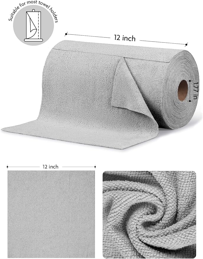 Fantasticlean Microfiber Cleaning Cloth Roll -675 Pack, Tear Away Microfiber Towels, 12" x 12", Reusable, Washable, Ultra Absorbent Dishcloth for All-Around Cleaning Supplies (9 Rolls of Grey)