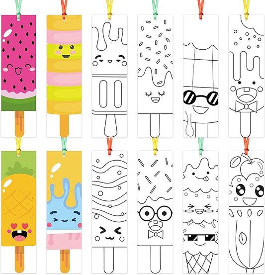 75Pcs Ice Cream Color Your Own Bookmarks for Kids Summer Ice Cream Theme DIY Coloring Blank Bookmark Classroom Art Craft Supplies for Teachers Students Birthday Gift Party Reward Goodie Fillers