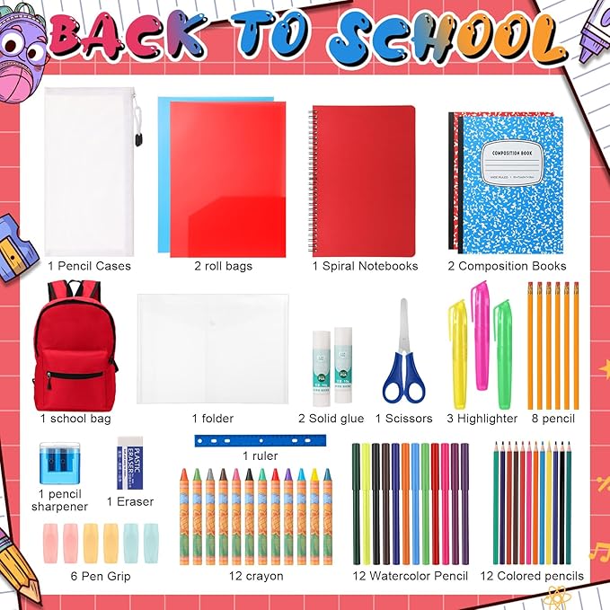 Back to School Supplies with Backpack Kids Kindergarten Preschool Elementary Supply Bundle Kit Middle High School Notebook for K-12 Student Girl Boy Classroom(Red)