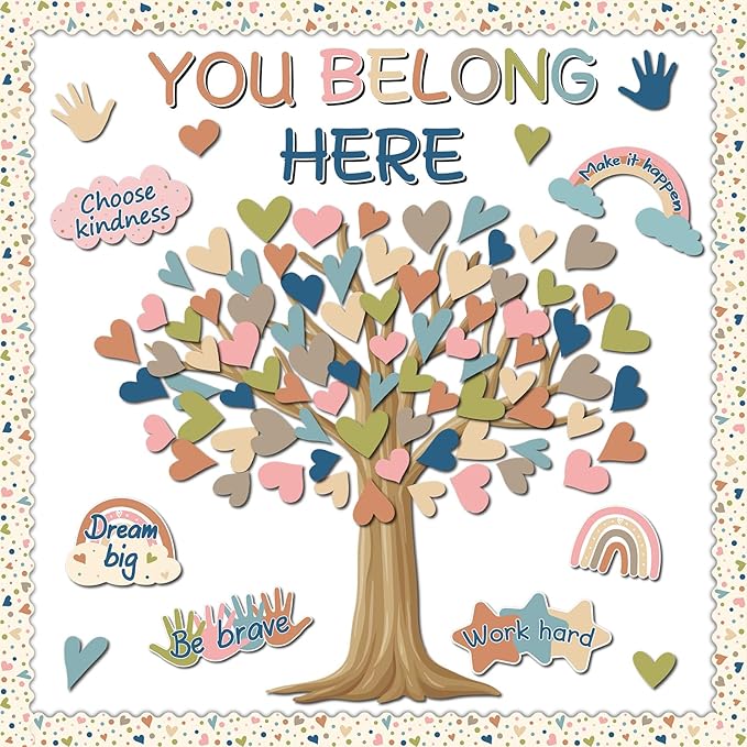 Boho Classroom Tree Bulletin Board Decorations Heart Cutouts Border Welcome Classroom You Belong Here Bulletin Board Decor Supplies for Chalkboard Elementary School Home Wall(You Belong Here)