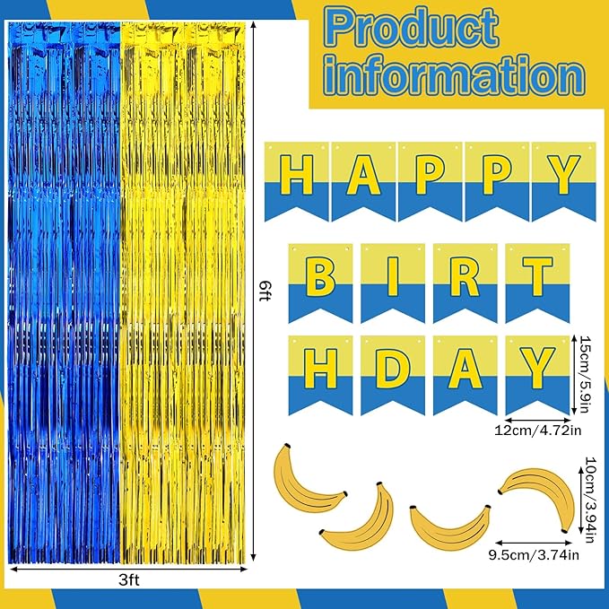 Epakh 39 Pcs Banana Cartoon Birthday Party Decorations Includes 24 Pieces Paper Cards Decor 13 Pcs Happy Birthday Banner 2 Pcs Foil Fringe Curtain Backdrop for Photo Prop Themed Party Supplies